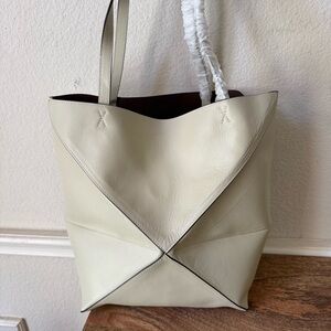 Gray Cream Leather Puzzle Patchwork Fold Tote Bag Collapsible Foldable S14